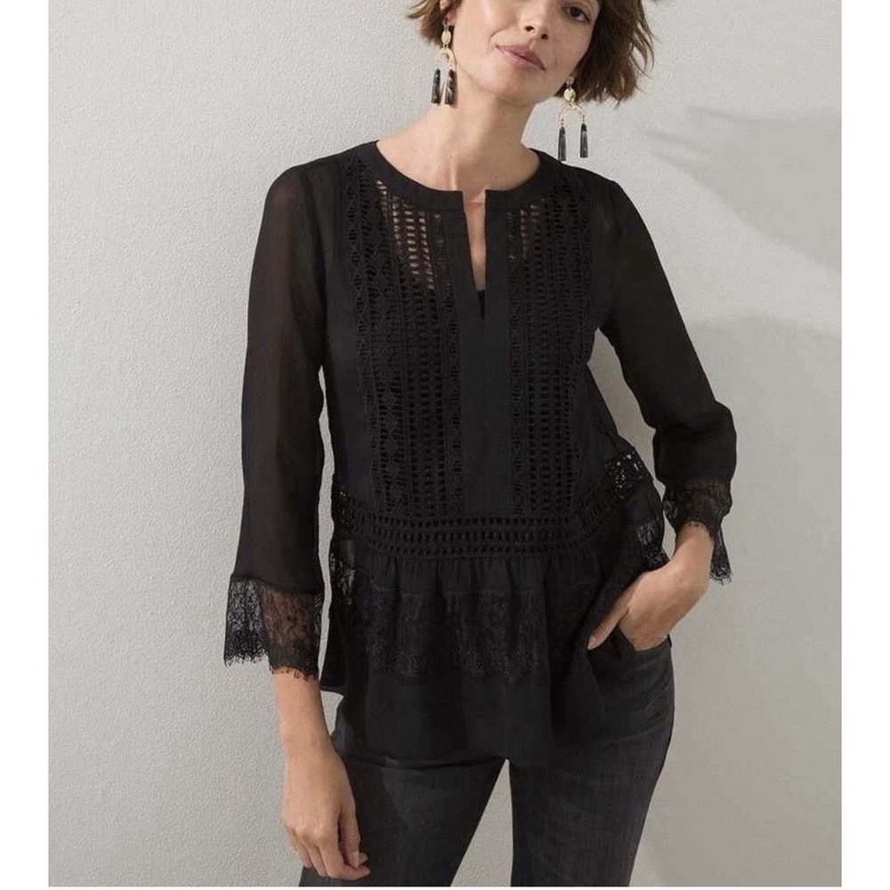 Chicos Size-0 Womens Blouse Sheer Lace Black‎ Crochet